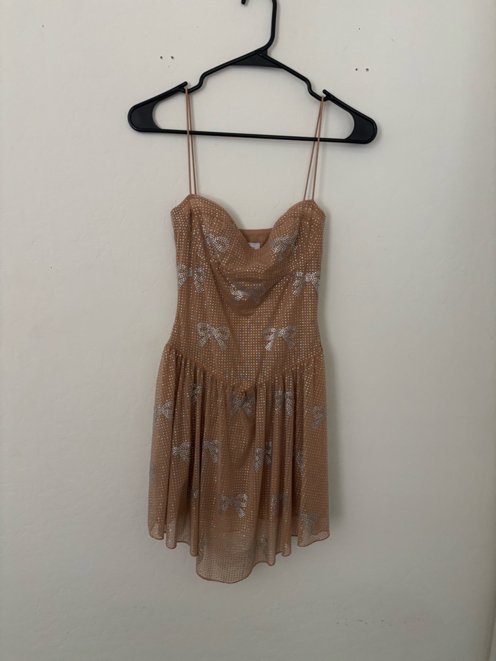 Oh Polly Embellished Bow Mini Dress Size 0 Nude Rhinestone Sweetheart